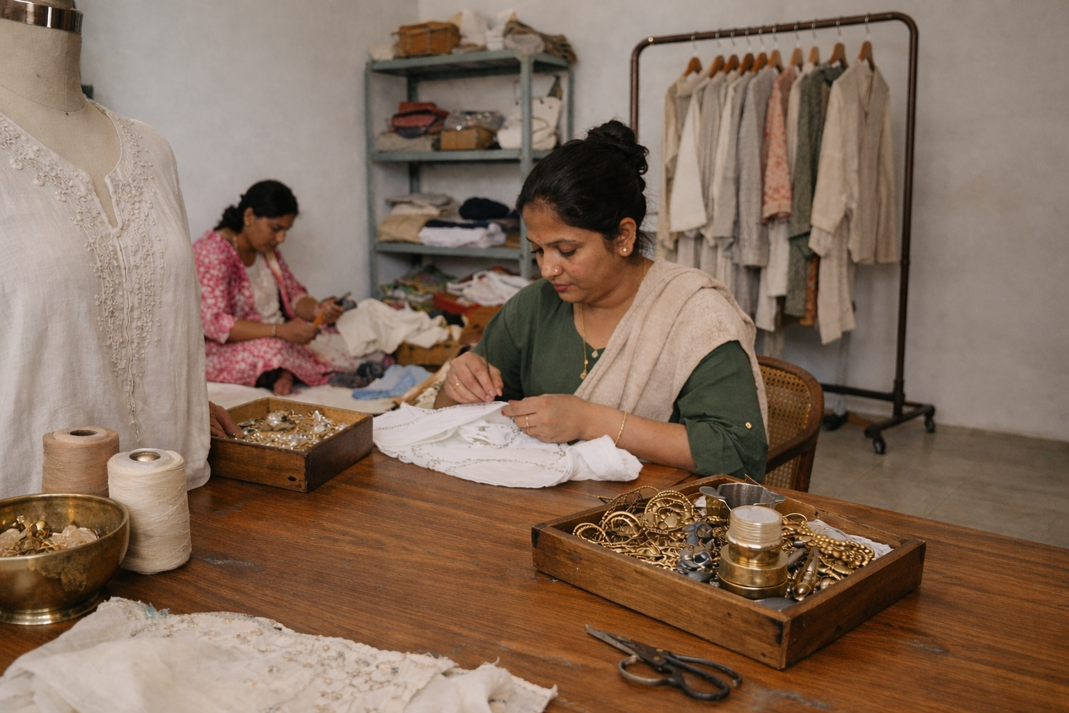 South Asian artisan hand-embroidering a white garment in a light-filled studio surrounded by natural fabrics and traditional tools
