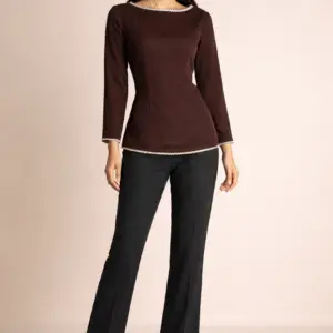 Model wearing Chocolate Tailored Top in deep brown chiffon with diamonte gold boat neckline detail and straight sleeves, front view on neutral studio background
