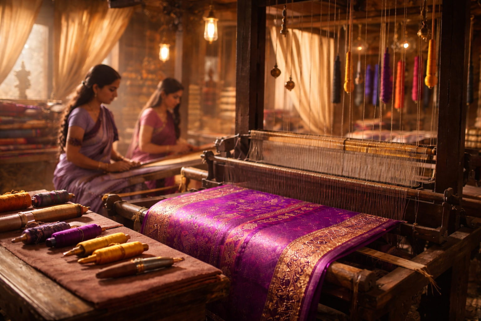 South Asian artisan weaving a rich purple saree on a traditional wooden handloom in a softly lit textile workshop.